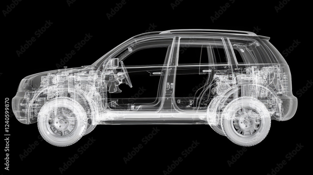 Fototapeta premium Transparent SUV, detailed cutaway, showcasing internal mechanics.