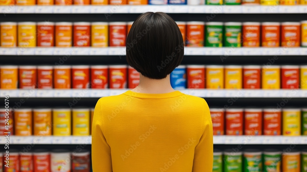 Shopper scanning the price of a can of soup in a grocery aisle filled with a variety of canned goods Shopper scanning the price of a can of soup in a grocery aisle filled with a variety of canned goods