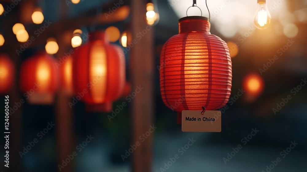Traditional red paper lanterns hanging in a shop each with a small Made in China tag attached glowing softly under warm lights Traditional red paper lanterns hanging in a shop each with a small Made in China tag attached glowing softly under warm lights