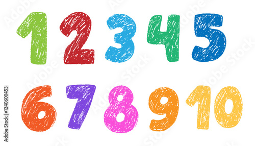 Chalk drawing kids pencil textured numbers. Hand drawn scribble kid typescript numbers. School wax crayon numbers cute kindergarten handwriting. Freehand pastel childish hand drawn set. 