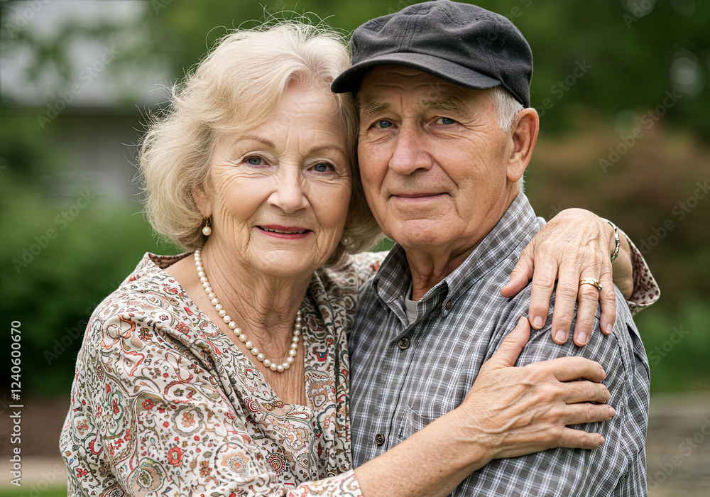 An older couple, both appear to be in their 70s, hugging tightly, looking at the camera, sharing a tender moment. An older couple, both appear to be in their 70s, hugging tightly, looking at the camera, sharing a tender moment.