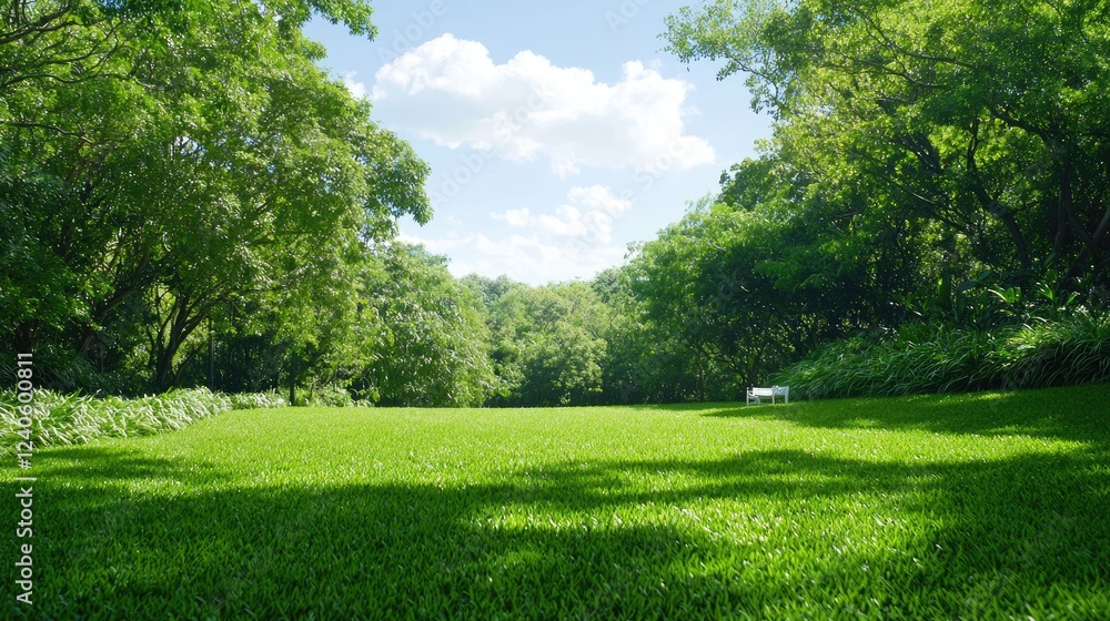 Lush green park, sunny day, trees, bench. Perfect for travel brochures Lush green park, sunny day, trees, bench. Perfect for travel brochures