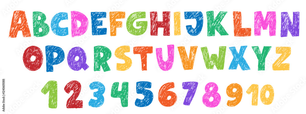 Crayon kids font, doodle funny playful alphabet. Hand drawn scribble kid typescript numbers. School wax crayon abc cute kindergarten handwriting playful letters, digits. Color pencil children font.