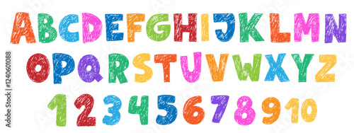 Crayon kids font, doodle funny playful alphabet. Hand drawn scribble kid typescript numbers. School wax crayon abc cute kindergarten handwriting playful letters, digits. Color pencil children font.