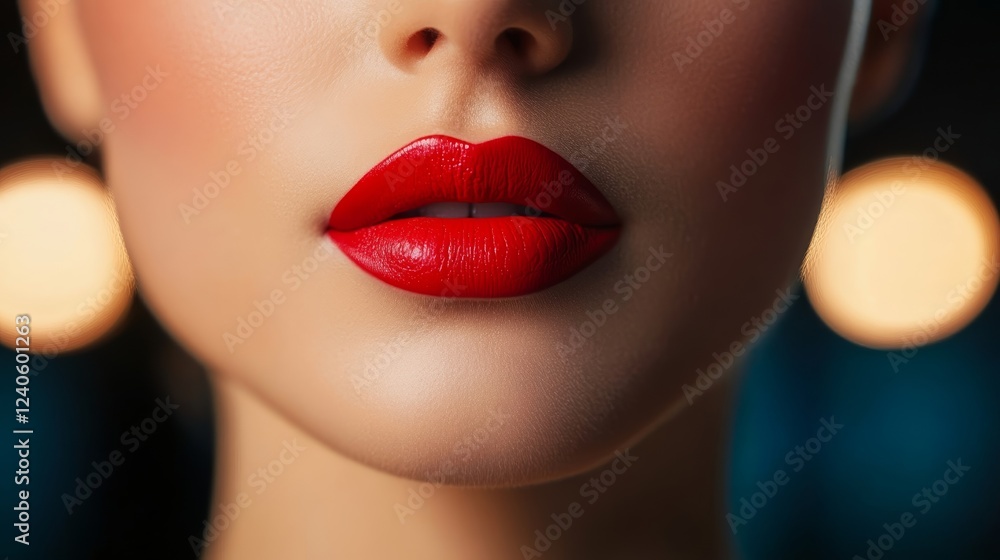 Obraz premium Woman holding a bold red lipstick and checking its shade in a compact mirror under warm spotlights in a premium makeup shop 