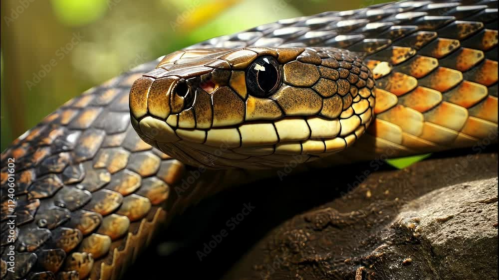 Discover the beauty of a majestic snake basking in the sun in a lush tropical jungle during early morning hours Discover the beauty of a majestic snake basking in the sun in a lush tropical jungle during early morning hours