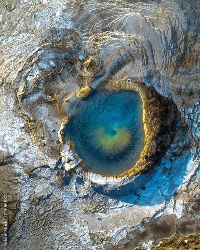 Aerial view of beautiful hveravellir geothermal pool surrounded by abstract landscape, Blonduos, Iceland. photo