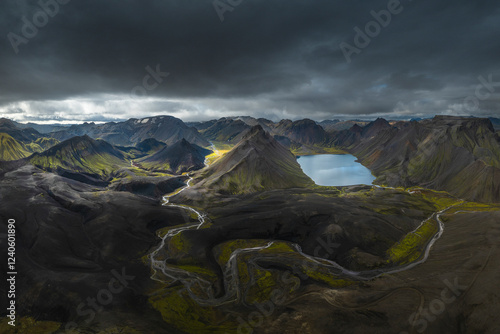 Aerial view of beautiful volcanic landscape with winding river and dark clouds, Landmannalaugar, Iceland. photo