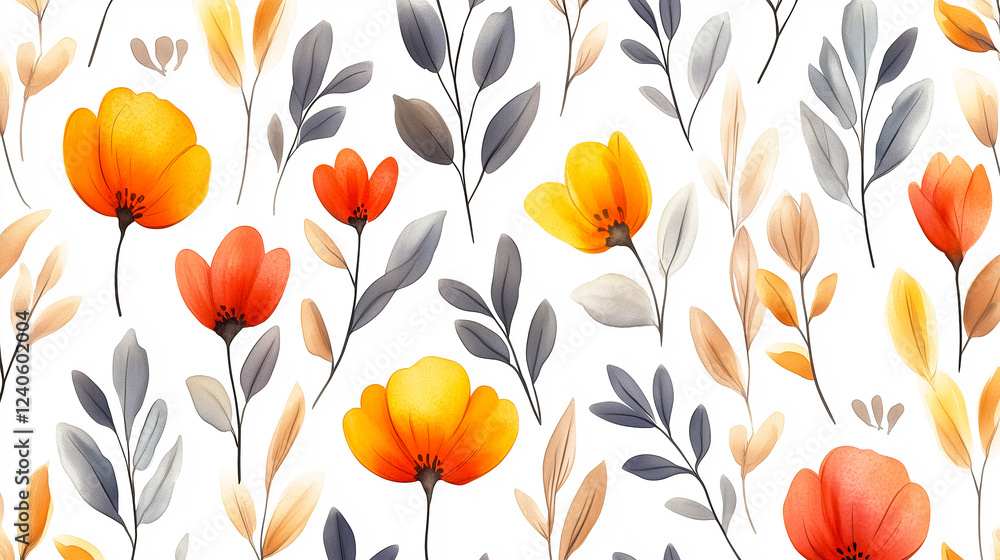 Fototapeta premium Watercolor Floral Pattern with Orange, Yellow Flowers and Grey-Beige Leaves