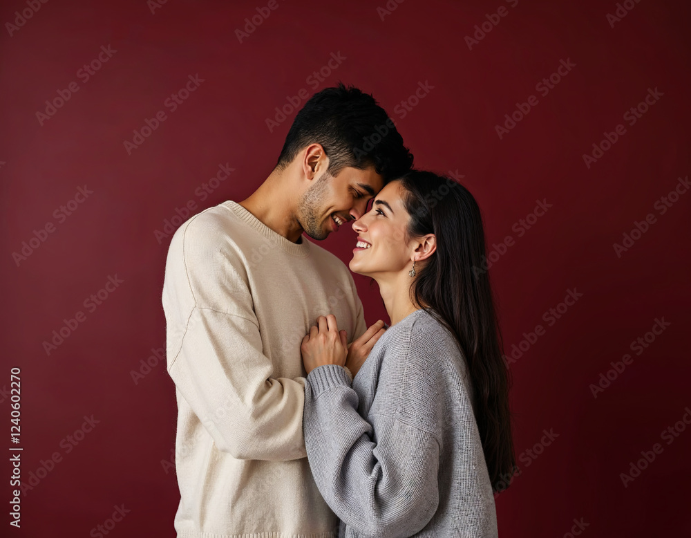 A young couple stands next to each other against a solid burgundy background. A young couple stands next to each other against a solid burgundy background.