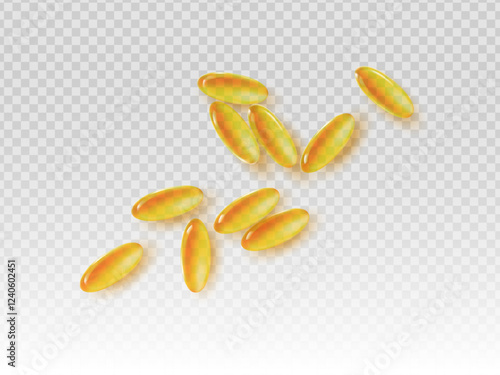 Realistic fish oil capsules isolated on transparent background. Glossy soft gel pills with golden color. Isolated vitamin supplements for health and wellness concept.
