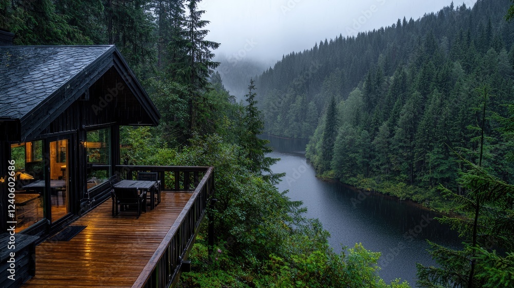 Fototapeta premium Rainy forest cabin lake view, peaceful escape