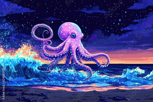 A vibrant octopus emerges from glowing ocean waves at sunset photo