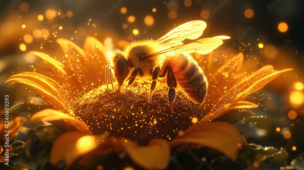 Bee pollinating sunflower amidst golden light and sparkles Bee pollinating sunflower amidst golden light and sparkles