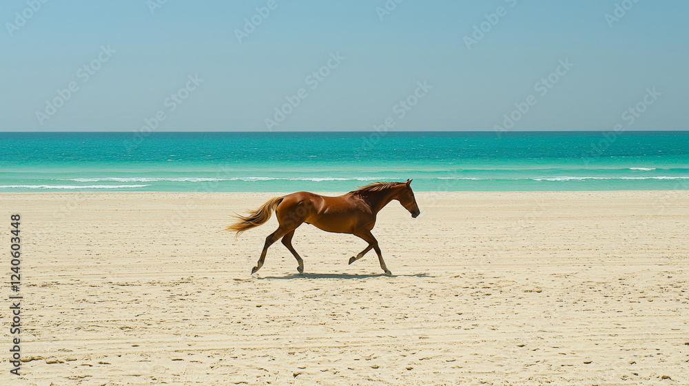 Chestnut horse canters along pristine beach; turquoise ocean backdrop. Chestnut horse canters along pristine beach; turquoise ocean backdrop.