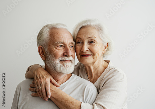 Elderly couple with white hair, the woman has light skin and is wearing a light-colored top, while the man has a beard and is looking at her with a gentle expression.