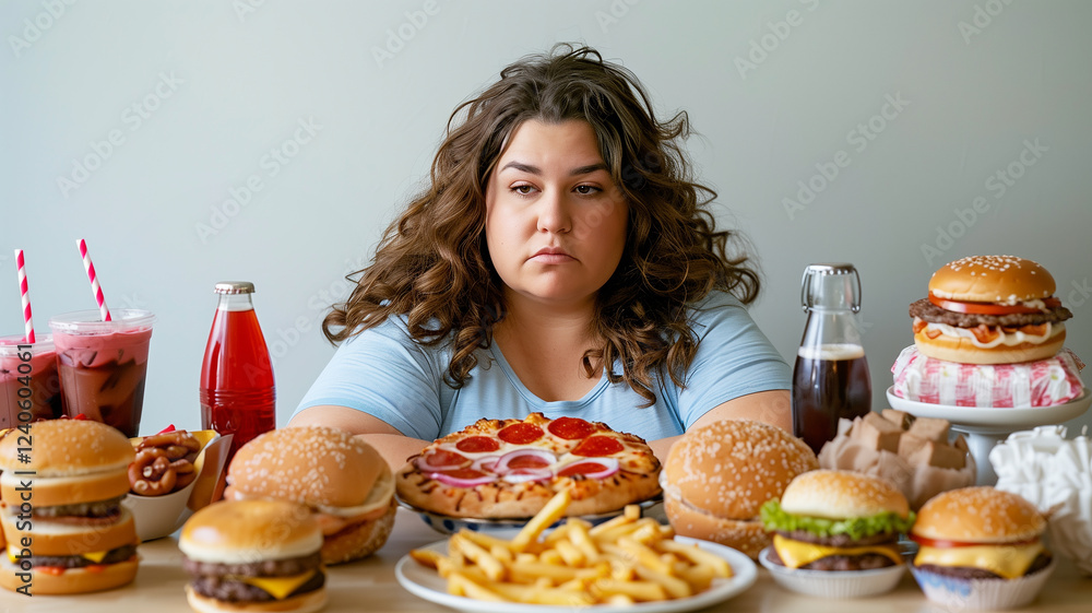 This person stares at an array of fast food, reflecting on choices amidst gluttony and temptation. This person stares at an array of fast food, reflecting on choices amidst gluttony and temptation.