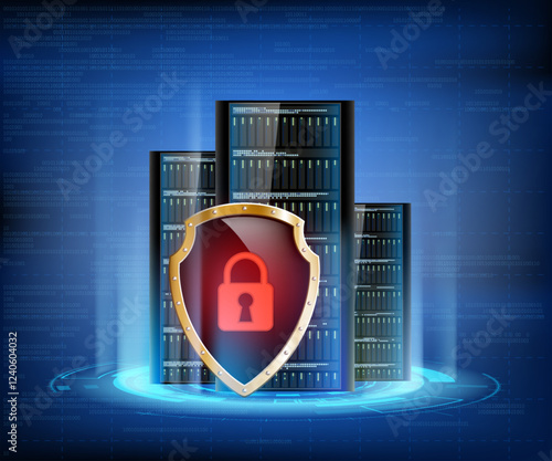 Cyber ​​data protection. Shield with lock on servers background. Vector illustration