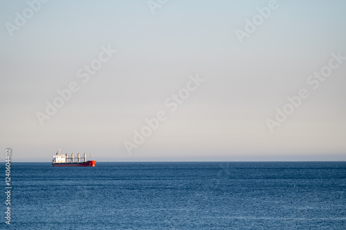 Cargo ship sailing across a calm ocean under a clear sky during the day