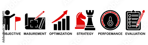 Banner KPI concept with icons. Key Performance Indicator using Business Intelligence metrics to measure achievement versus planned target