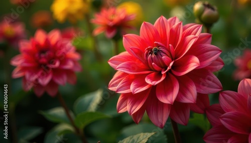 Insect life thrives on the petals of red Dahlias amidst a garden, dahlia, insects
