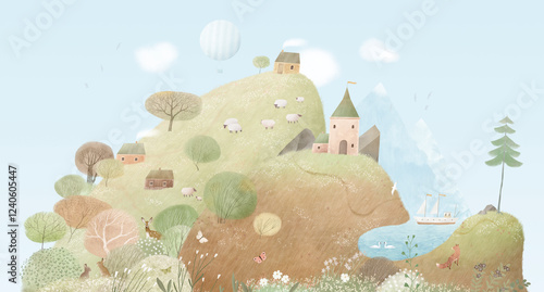 Nice landscape with hills, lake, village houses, castle. Watercolor illustration. Cute landscape for a child's room. Hand drawn illustration. Wall art.