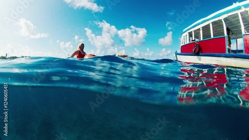 Lady surfer paddle to the surfing spot near the surf taxi boat