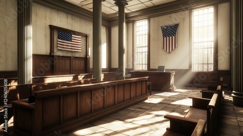 Empty courtroom interior, sunlit, historical, official photo