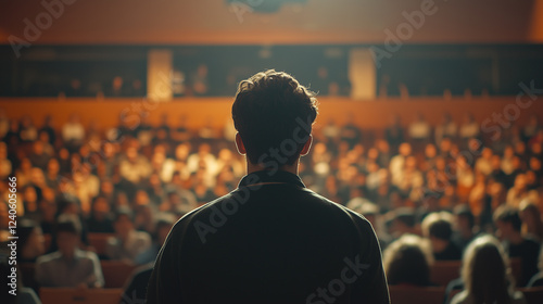 A lecturer in a jacket stands in front of an attentive audience, preparing for an important presentation in a classical setting.
