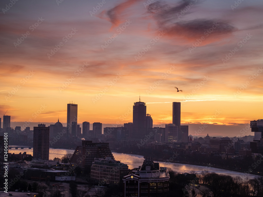 Aerial view of boston skyline at sunset with longfellow bridge over charles river, boston, massachusetts. Aerial view of boston skyline at sunset with longfellow bridge over charles river, boston, massachusetts.