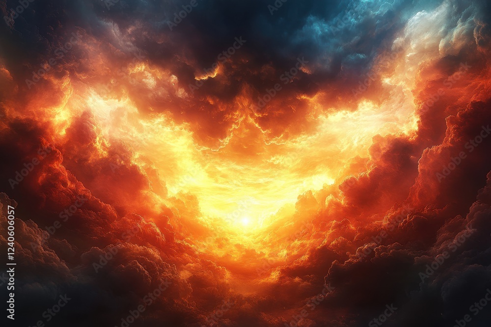 Dramatic sunset over fiery clouds nature digital art atmospheric wide angle view visual transformation Dramatic sunset over fiery clouds nature digital art atmospheric wide angle view visual transformation