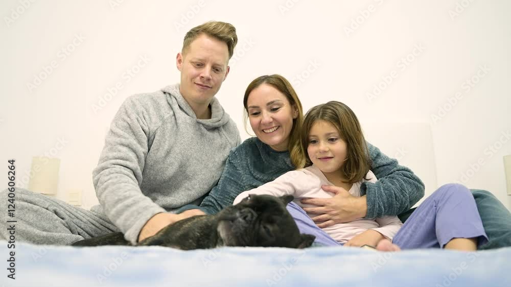 A family of three, a man, a woman and a girl pet a black and white French bulldog, the scene is warm and affectionate.