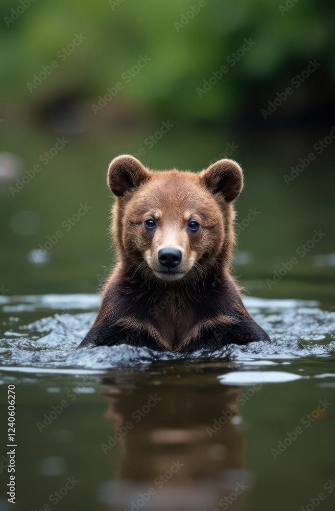 Fototapeta premium Brown bear cub swimming in river, wildlife portrait