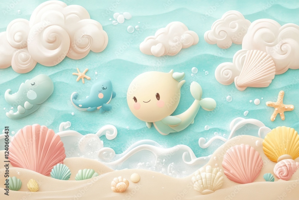 Cute Cartoon Whales and Seashells on a Sandy Beach Cute Cartoon Whales and Seashells on a Sandy Beach