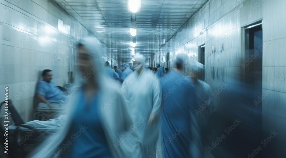 Blurred Motion in Hospital Corridor: A Glimpse into the Hustle and Bustle of Medical Professionals Blurred Motion in Hospital Corridor: A Glimpse into the Hustle and Bustle of Medical Professionals