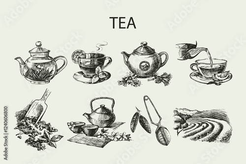 Hand drawn sketch vector tea set. Isolated illustrations on white background