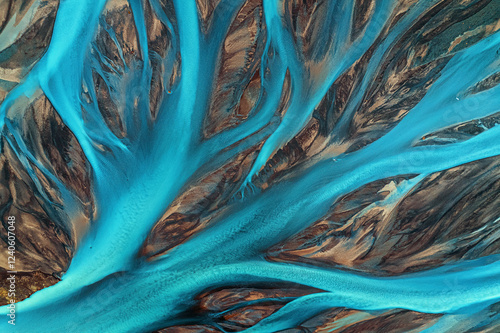 Aerial view of a beautiful stream flowing through a scenic landscape with natural patterns, Kirkjubaejarklaustur, Iceland.