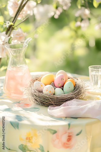 Neutral-painted Easter eggs on a bird's nest on the table are also a glass carafe and glasses with pink lemonade, in the romantic flower garden in the French countryside, the sun is shining.