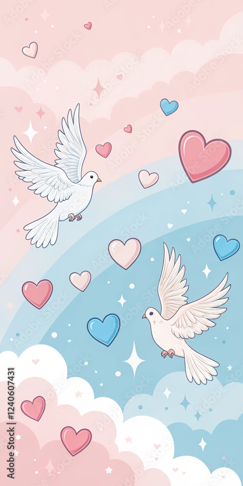 Hearts hanging in the sky with stars and clouds. A dreamy scene with hearts hanging in the sky, surrounded by stars and clouds, creating a magical ambiance. Hearts hanging in the sky with stars and clouds. A dreamy scene with hearts hanging in the sky, surrounded by stars and clouds, creating a magical ambiance.