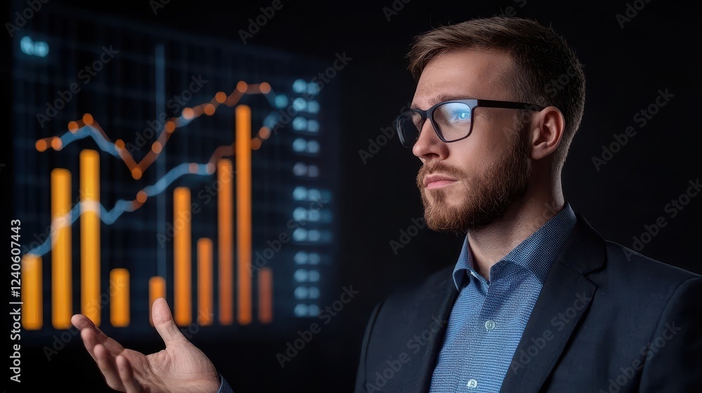 A businessman analyzes data trends while gesturing, with a graph backdrop displaying orange bars and line plots, conveying a focus on analytics and insights. A businessman analyzes data trends while gesturing, with a graph backdrop displaying orange bars and line plots, conveying a focus on analytics and insights.