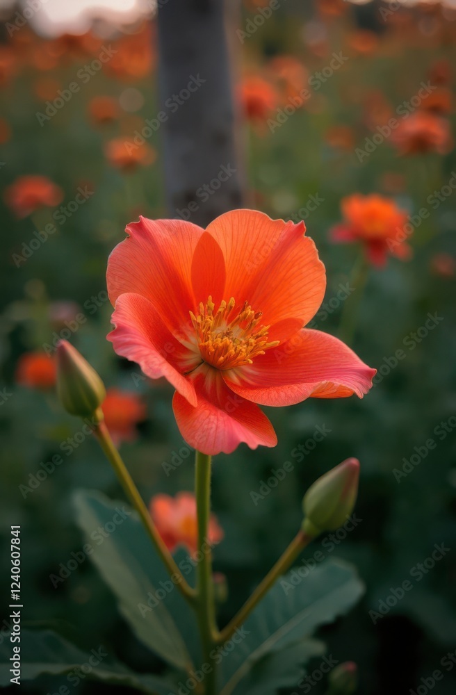 Blooming geum coccineum in a field of flowers: vibrant orange blossom Blooming geum coccineum in a field of flowers: vibrant orange blossom