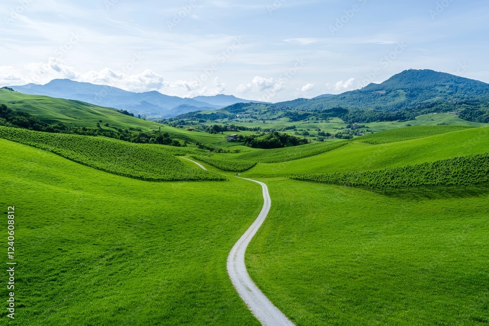 Overlooking expansive vineyards and undulating hills in the natural landscape Overlooking expansive vineyards and undulating hills in the natural landscape
