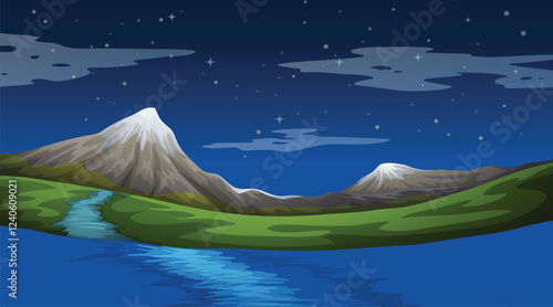 Meadow with grass, pond, conifers and hills on horizon at night. Vector illustration of summer landscape of field or pasture with plants, lake, full moon and stars in dark sky