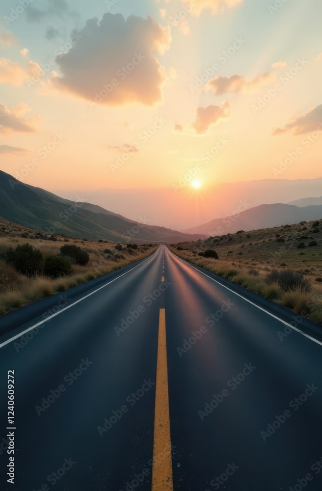 Empty asphalt road leading to sunset between mountains Empty asphalt road leading to sunset between mountains
