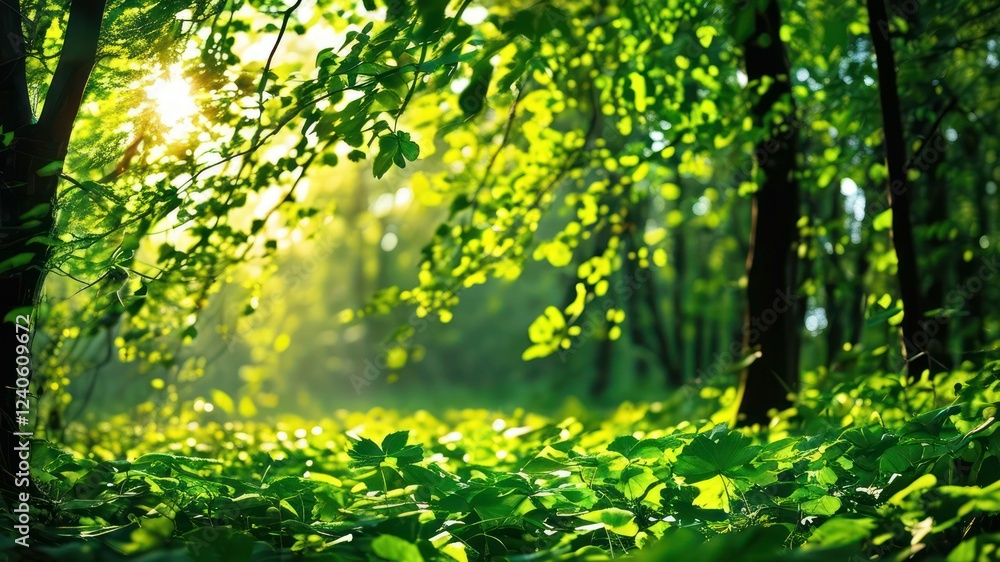 Fototapeta premium Lush green forest with dappled sunlight and vibrant foliage