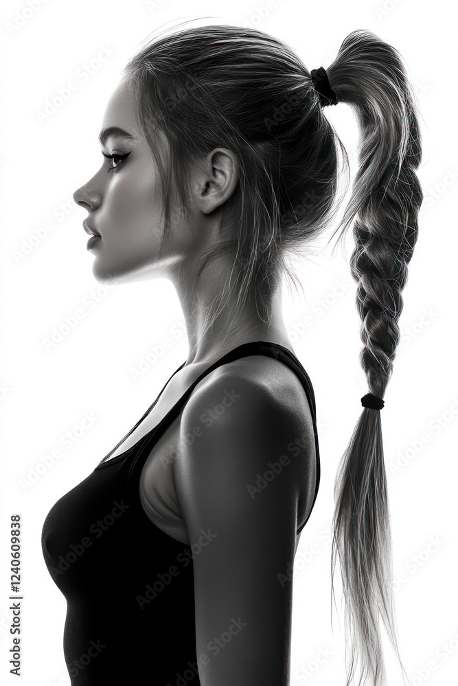 Fototapeta premium The minimalist portrayal of a girl's silhouette highlights her braided hair and elegant profile, embodying strength and femininity in a striking manner