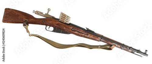 mosin nagant rifle with folding spike bayonet and ammo isolated on transparent background photo