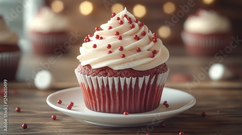 Red velvet cupcake, festive sprinkles, wooden table, bokeh lights, dessert