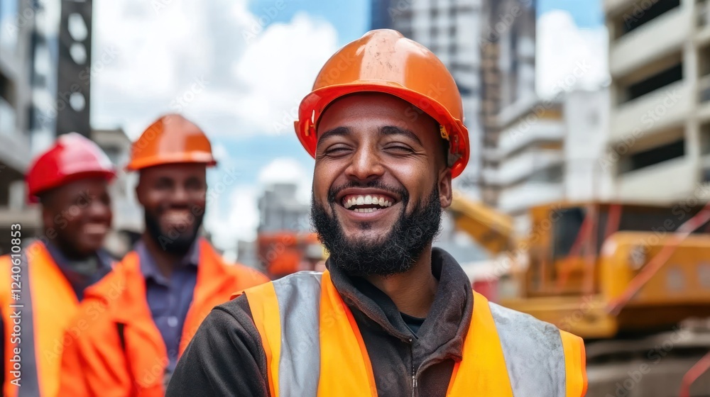 Construction workers smiling on site with machinery background Construction workers smiling on site with machinery background