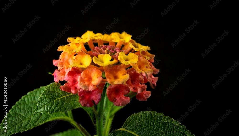close up of Lantana camara flower, black background, copy space close up of Lantana camara flower, black background, copy space